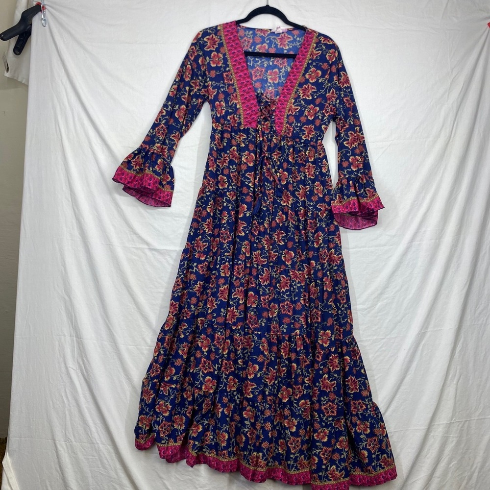 Boemo Womens Floral Tiered Maxi Dress Navy Pink Bell Sleeve Lace Up V-Neck Large